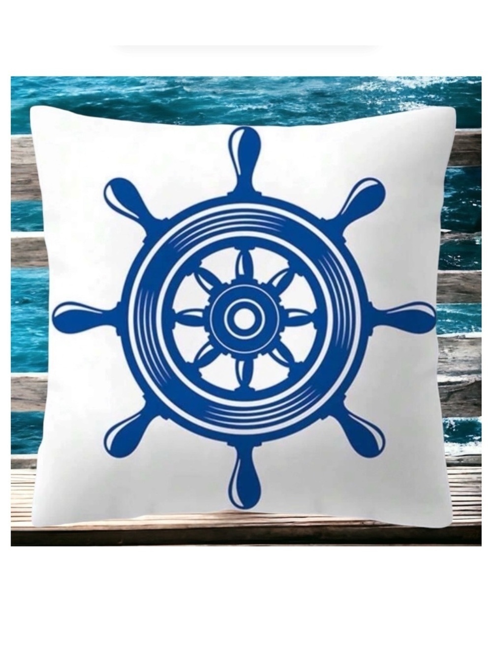 Coastal Pillow Cover Ship Wheel Nautical Beach Decor Square 17.75 in Blue White